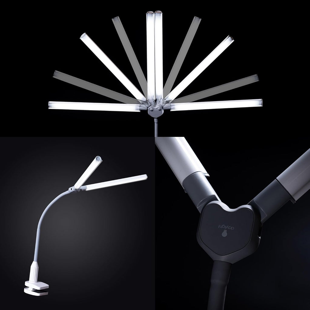DuoPro Clamp LED Lamp - 6,000K Daylight, 2,100 Lux at 12", 4 Brightness Levels, Anti-Glare Shades, Adjustable Arm, Slim Design, Perfect for Sewing, Reading, Crafts, Beauty Treatments - Grey/White