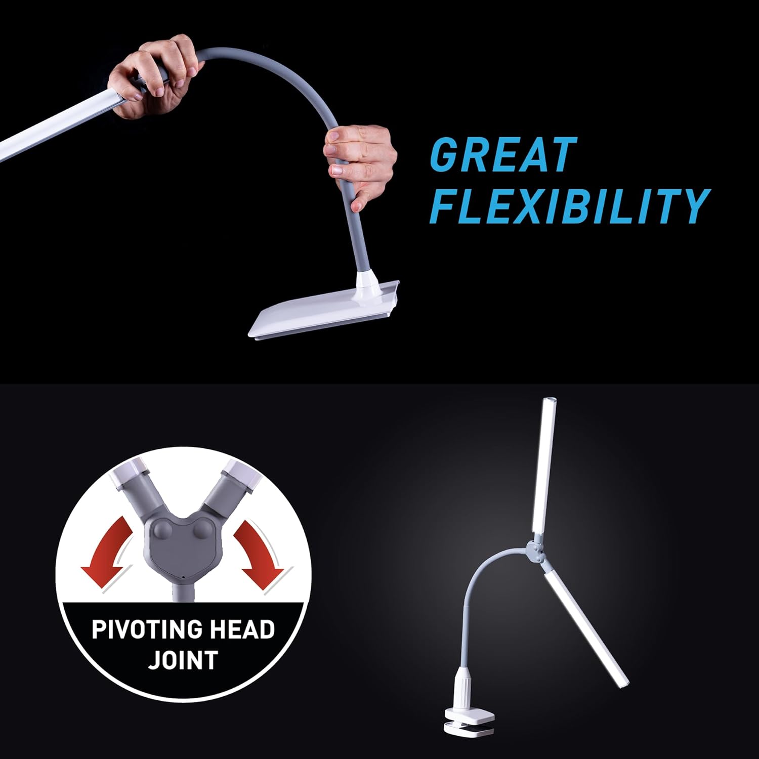 DuoPro Clamp LED Lamp - 6,000K Daylight, 2,100 Lux at 12", 4 Brightness Levels, Anti-Glare Shades, Adjustable Arm, Slim Design, Perfect for Sewing, Reading, Crafts, Beauty Treatments - Grey/White