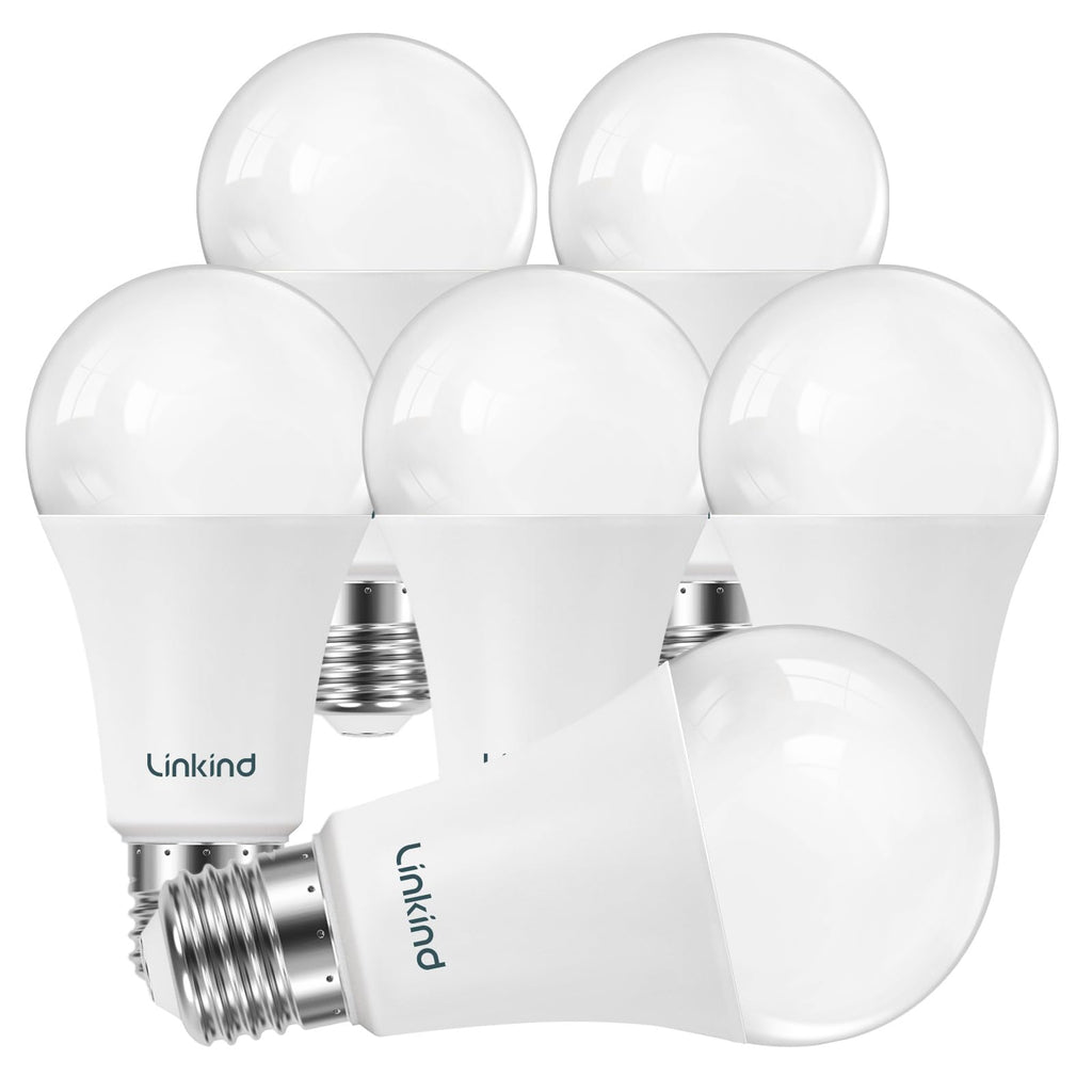 Linkind A19 LED Light Bulbs Dimmable, 60W Equivalent, Energy Efficient 9W, 2700K, 800 Lumens, E26 Standard Base, Lighting for Bedroom Living Room Home Office, 6 Packs