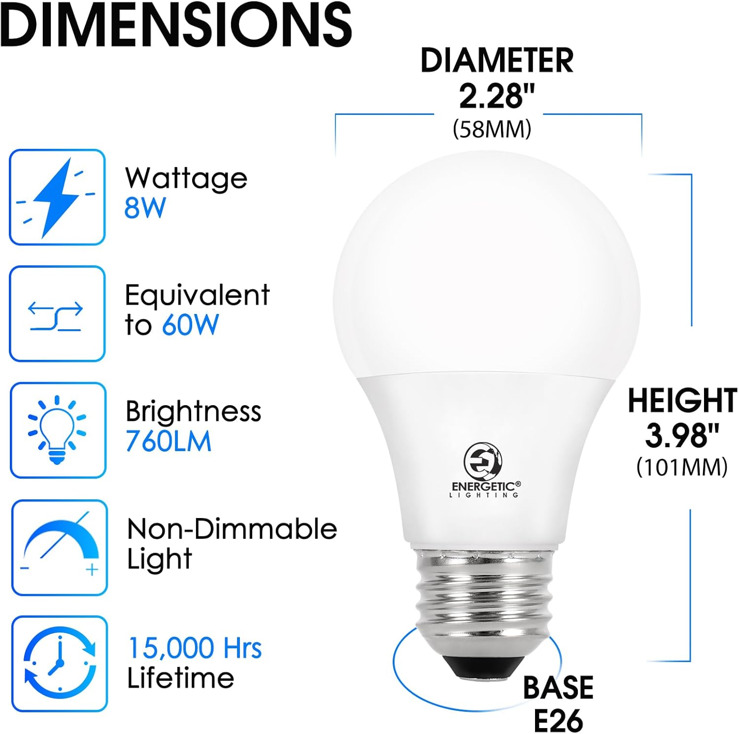 Energetic 24-Pack A19 LED Light Bulb, 60 Watt Equivalent, Daylight 5000K, E26 Medium Base, Non-Dimmable LED Light Bulb, ETL Listed