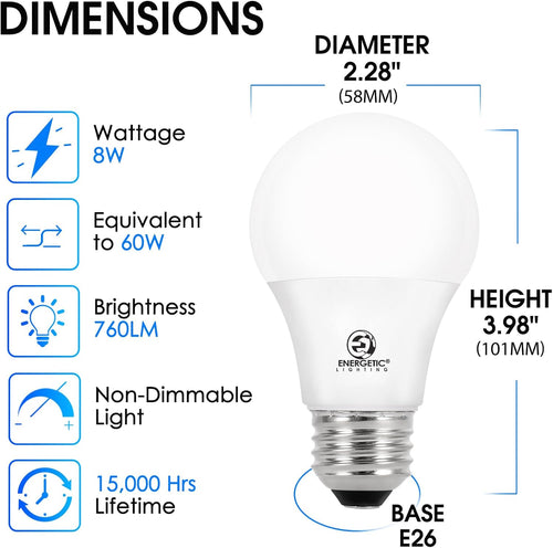 Energetic 24-Pack A19 LED Light Bulb, 60 Watt Equivalent, Daylight 5000K, E26 Medium Base, Non-Dimmable LED Light Bulb, ETL Listed