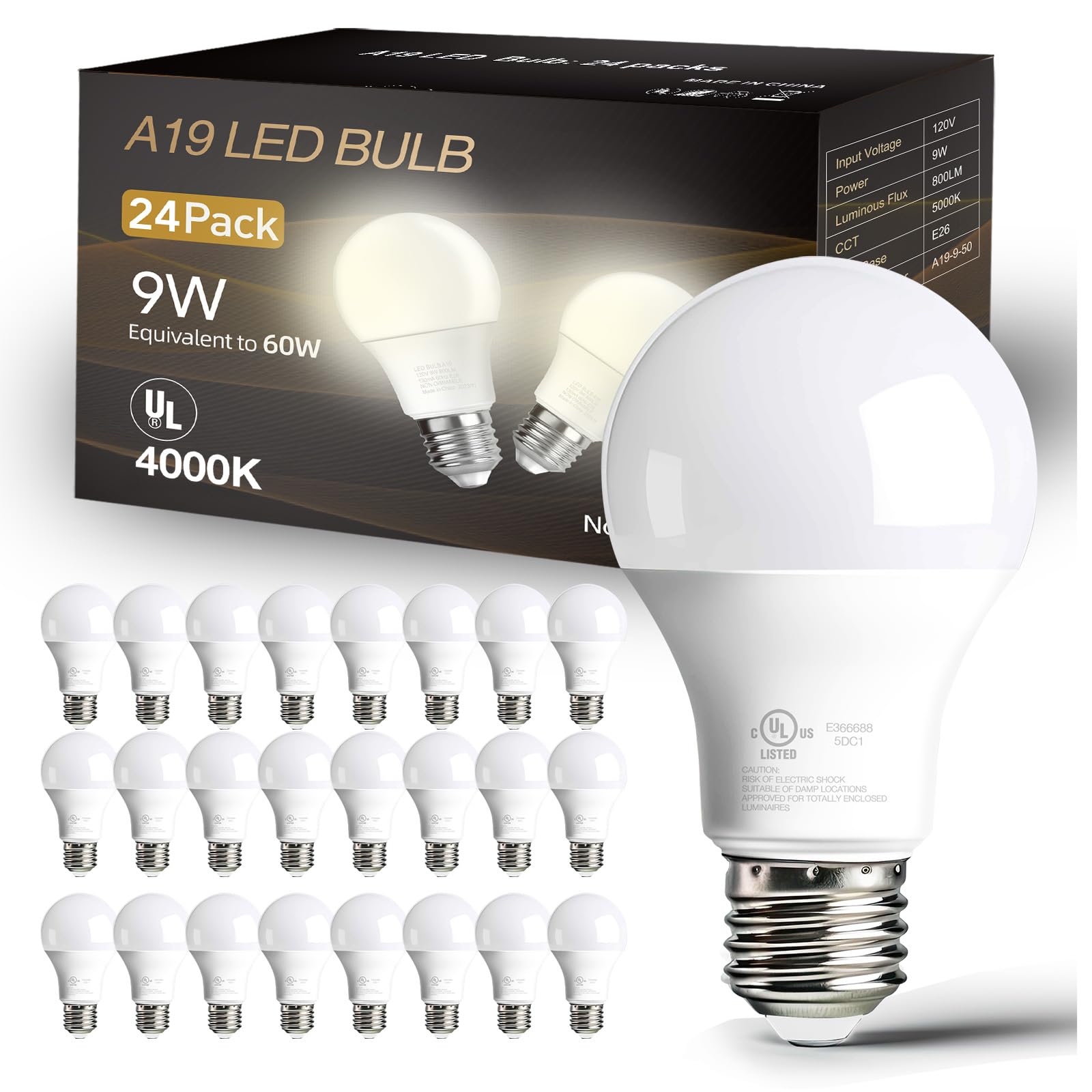 dalattin 24 Pack LED Bulbs Daylight White 5000K, 60 Watt Equivalent A19 Standard Bulbs, E26 Base, 800 LM, Efficient 9W Energy Saving, Non-Dimmable, 80+ CRI, 120V, UL Listed, for Living Room, Office