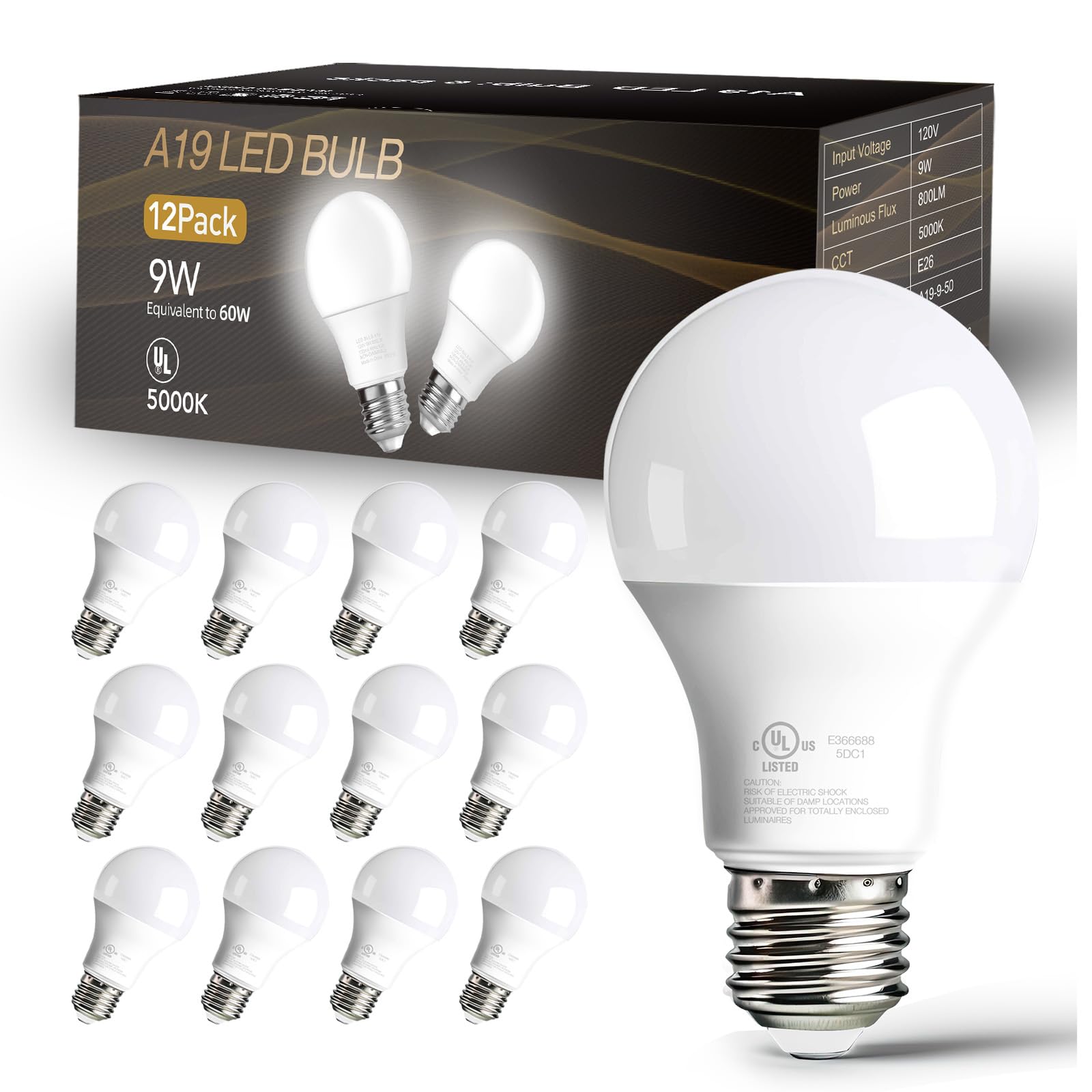 dalattin 24 Pack LED Bulbs Daylight White 5000K, 60 Watt Equivalent A19 Standard Bulbs, E26 Base, 800 LM, Efficient 9W Energy Saving, Non-Dimmable, 80+ CRI, 120V, UL Listed, for Living Room, Office