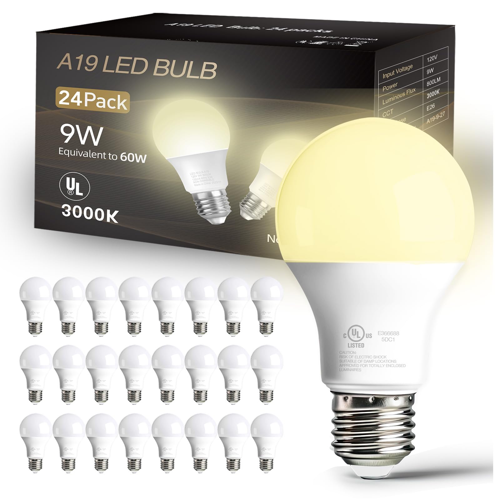 dalattin 24 Pack LED Bulbs Daylight White 5000K, 60 Watt Equivalent A19 Standard Bulbs, E26 Base, 800 LM, Efficient 9W Energy Saving, Non-Dimmable, 80+ CRI, 120V, UL Listed, for Living Room, Office
