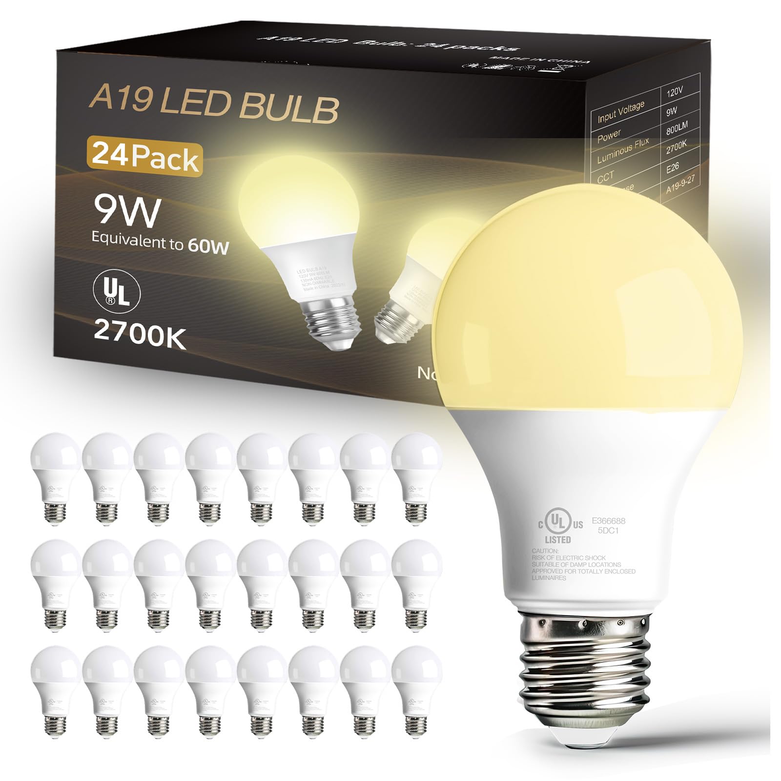 dalattin 24 Pack LED Bulbs Daylight White 5000K, 60 Watt Equivalent A19 Standard Bulbs, E26 Base, 800 LM, Efficient 9W Energy Saving, Non-Dimmable, 80+ CRI, 120V, UL Listed, for Living Room, Office