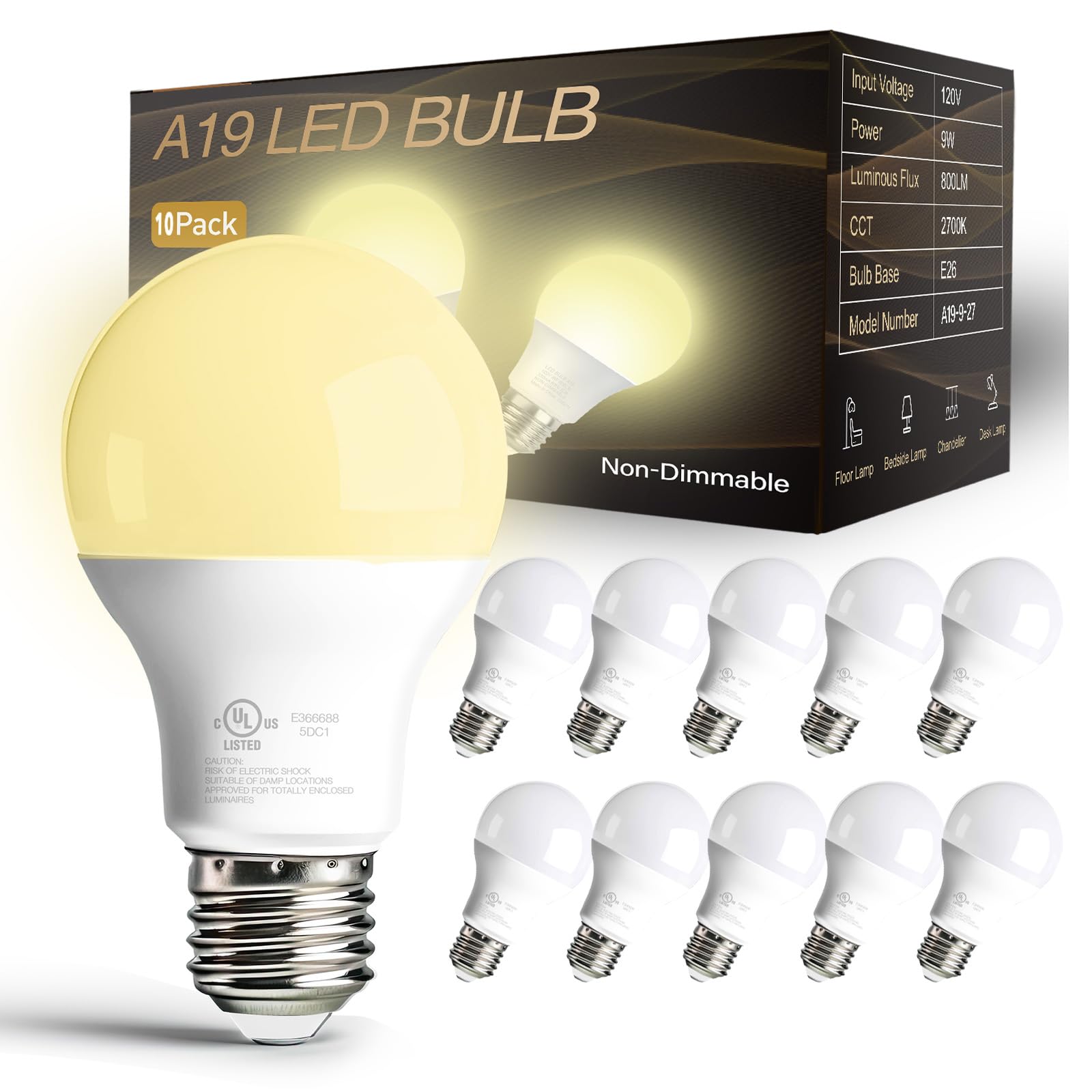 dalattin 24 Pack LED Bulbs Daylight White 5000K, 60 Watt Equivalent A19 Standard Bulbs, E26 Base, 800 LM, Efficient 9W Energy Saving, Non-Dimmable, 80+ CRI, 120V, UL Listed, for Living Room, Office