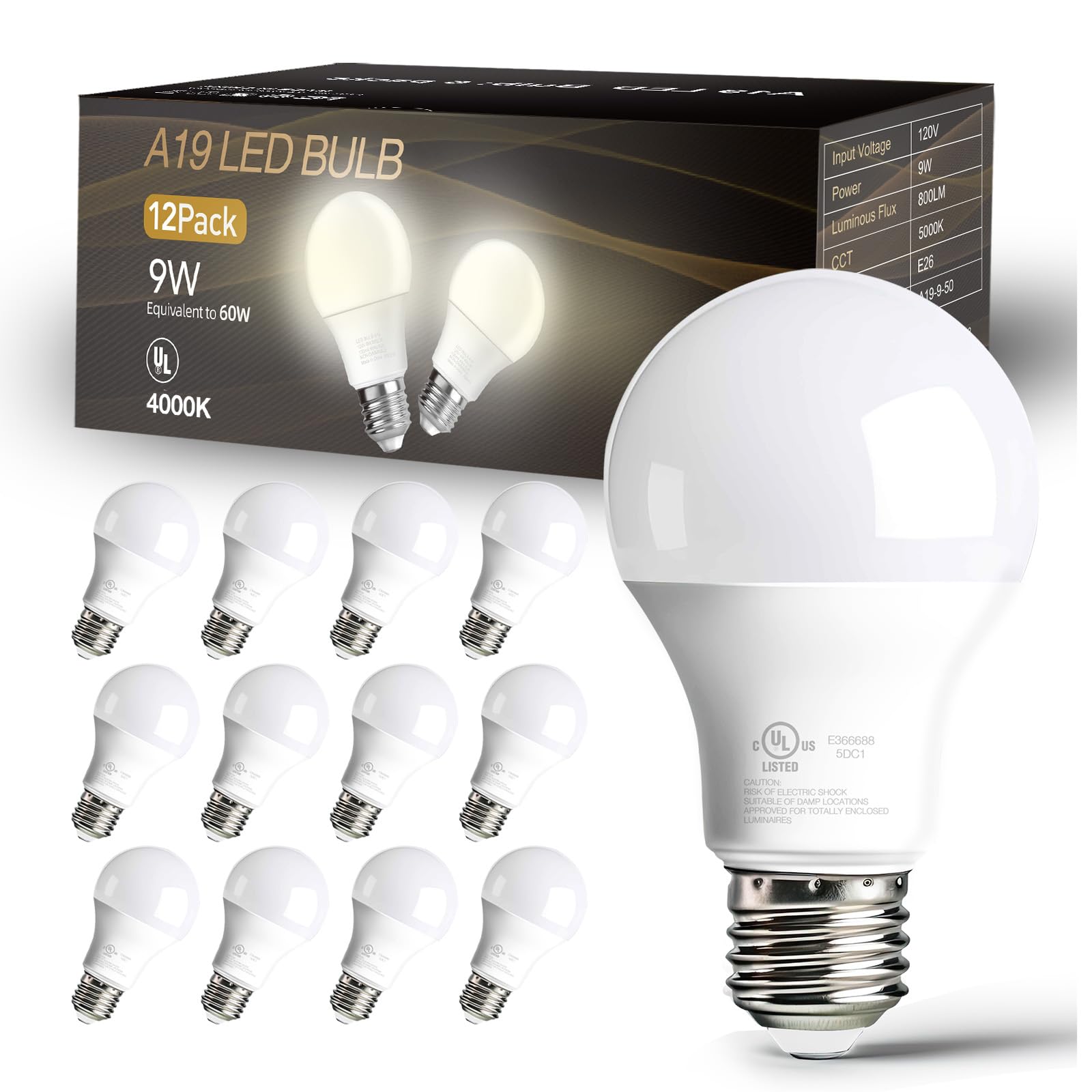dalattin 24 Pack LED Bulbs Daylight White 5000K, 60 Watt Equivalent A19 Standard Bulbs, E26 Base, 800 LM, Efficient 9W Energy Saving, Non-Dimmable, 80+ CRI, 120V, UL Listed, for Living Room, Office