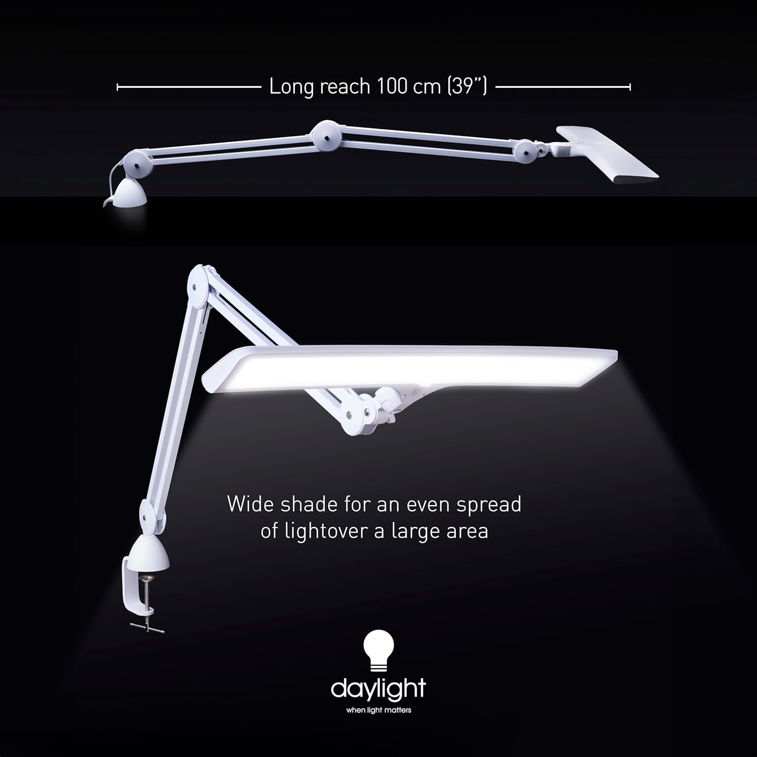 Daylight Company Lumi Task Lamp,+95 CRI, 4000 Lux,Craft Light, Super Bright Desk Lamp, Touch Dimmable, 2 Brightness Levels, Ideal Table Light, Drawing Lamps - Metal - 15 W