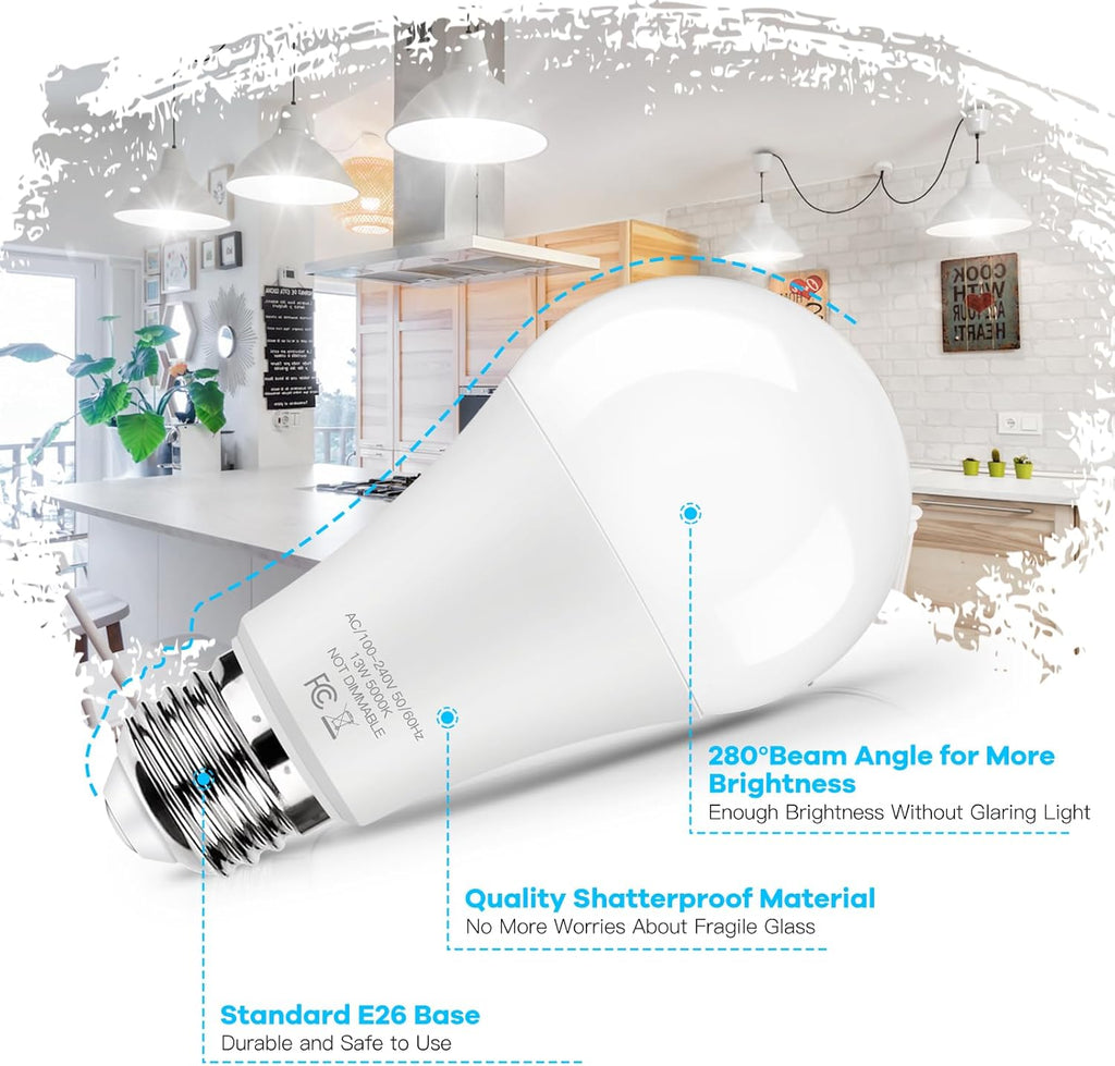 LED Light Bulbs 100W Equivalent 1500 Lumens, A19 13W 5000K Daylight White Non-Dimmable, Super Bright No Flicker Standard E26 Edison Screw Bulbs for Home, Bedroom, Office Lamp, 12-Pack