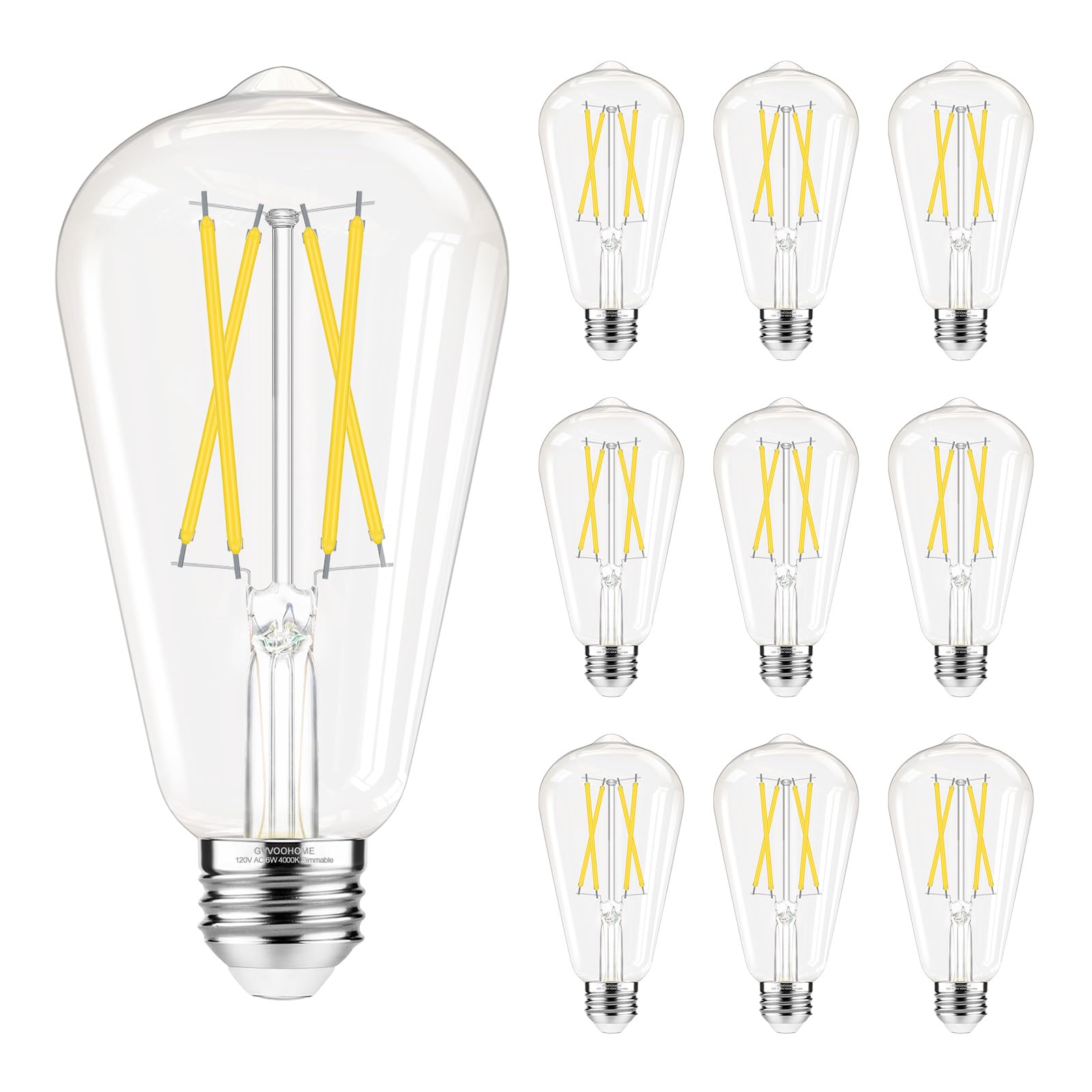 Dimmable Edison Bulbs, 4000K Daylight White, 6W Equivalent to 60 watt E26 LED Bulb, ST58 Vintage Light Bulbs, 600LM, 90+ CRI, E26 Base, Clear Glass, 6 Pack