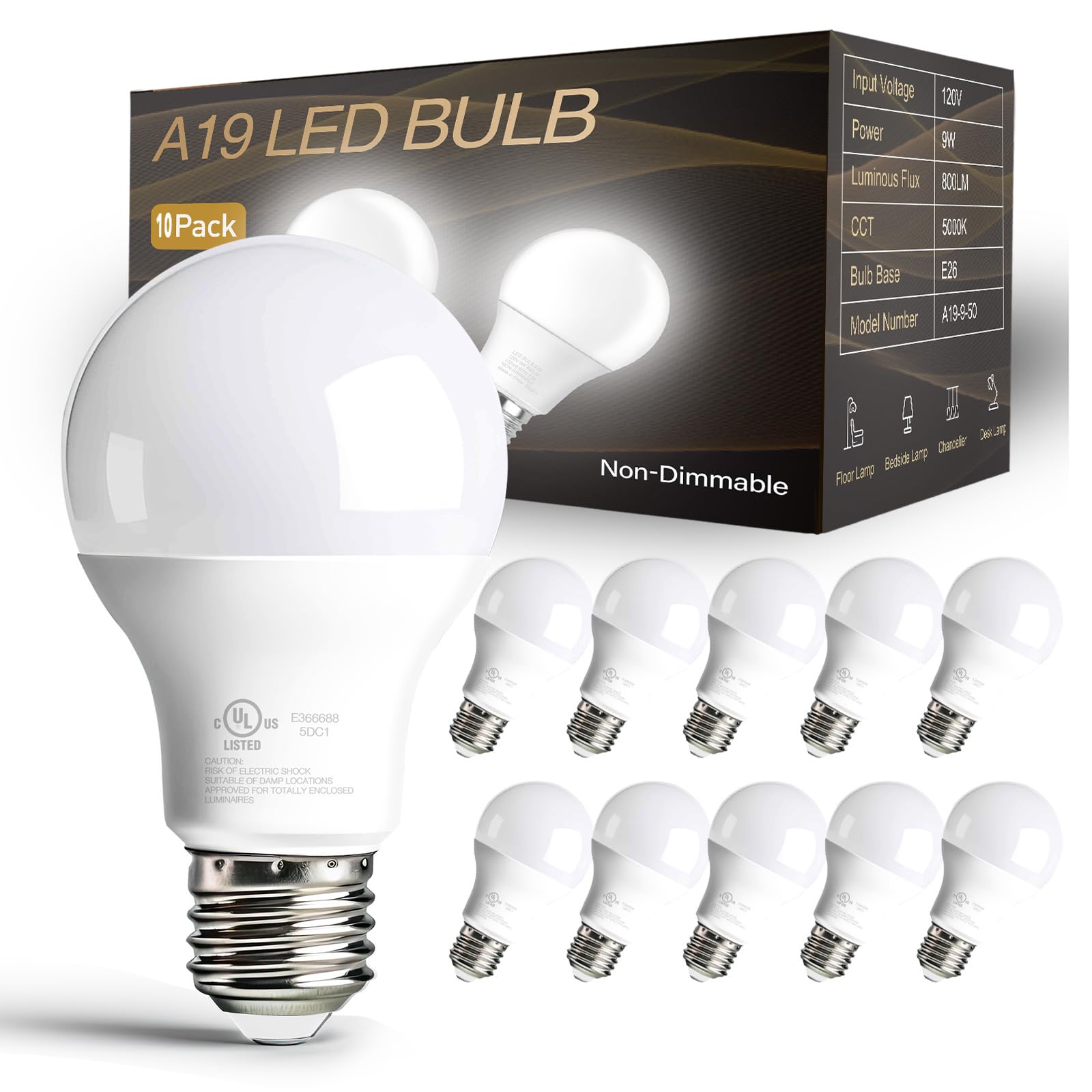 dalattin 24 Pack LED Bulbs Daylight White 5000K, 60 Watt Equivalent A19 Standard Bulbs, E26 Base, 800 LM, Efficient 9W Energy Saving, Non-Dimmable, 80+ CRI, 120V, UL Listed, for Living Room, Office