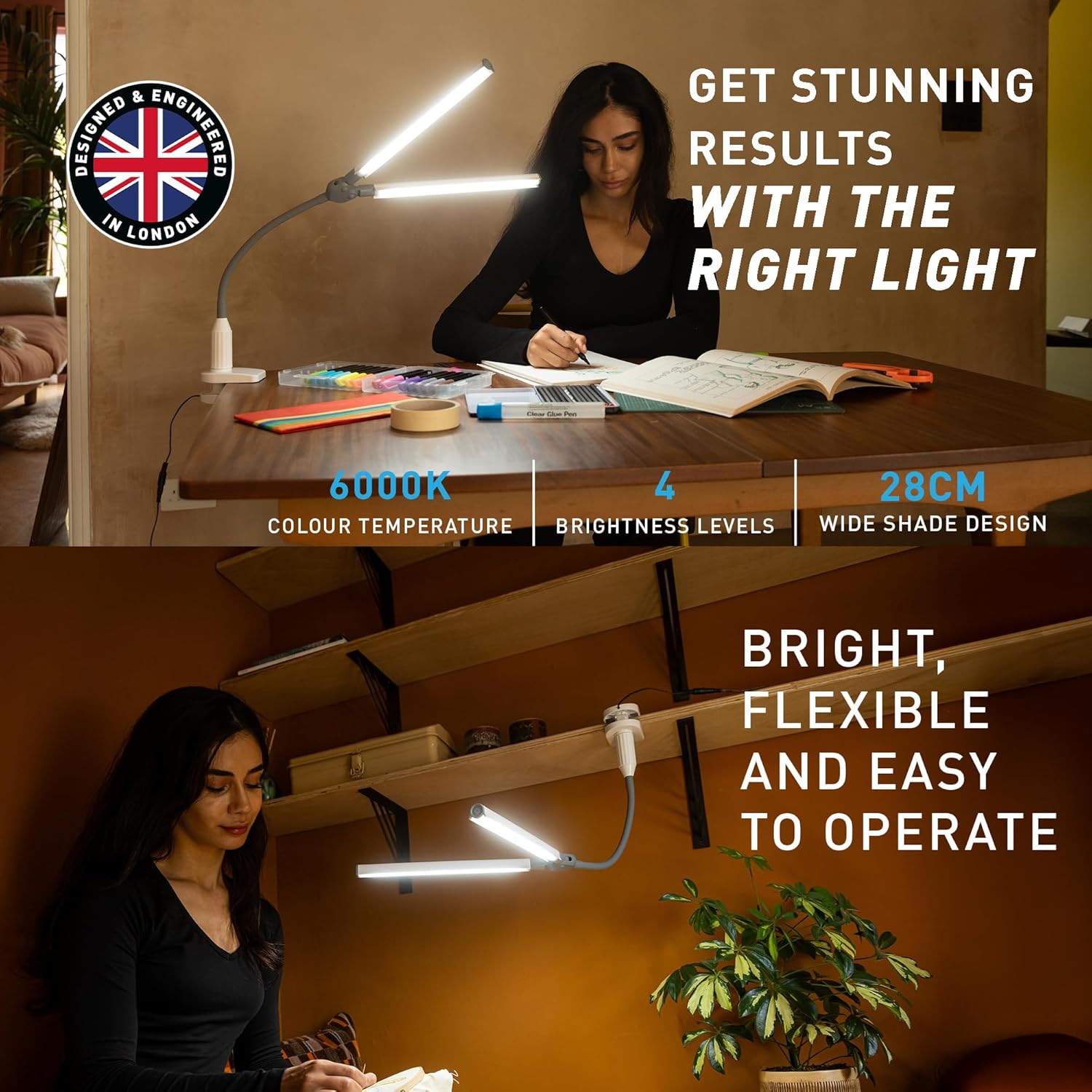DuoPro Clamp LED Lamp - 6,000K Daylight, 2,100 Lux at 12", 4 Brightness Levels, Anti-Glare Shades, Adjustable Arm, Slim Design, Perfect for Sewing, Reading, Crafts, Beauty Treatments - Grey/White