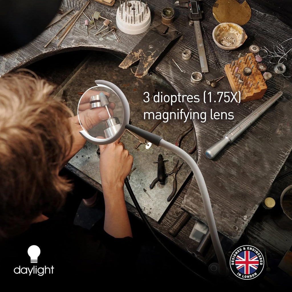 Daylight Company - Magnificent Pro - Magnifying lamp, Bright 6,000K Daylight LEDs, CRI 95+, 3 in 1 Lamp, 1.75X semi-Rimless Lens, Lumens: 600, White